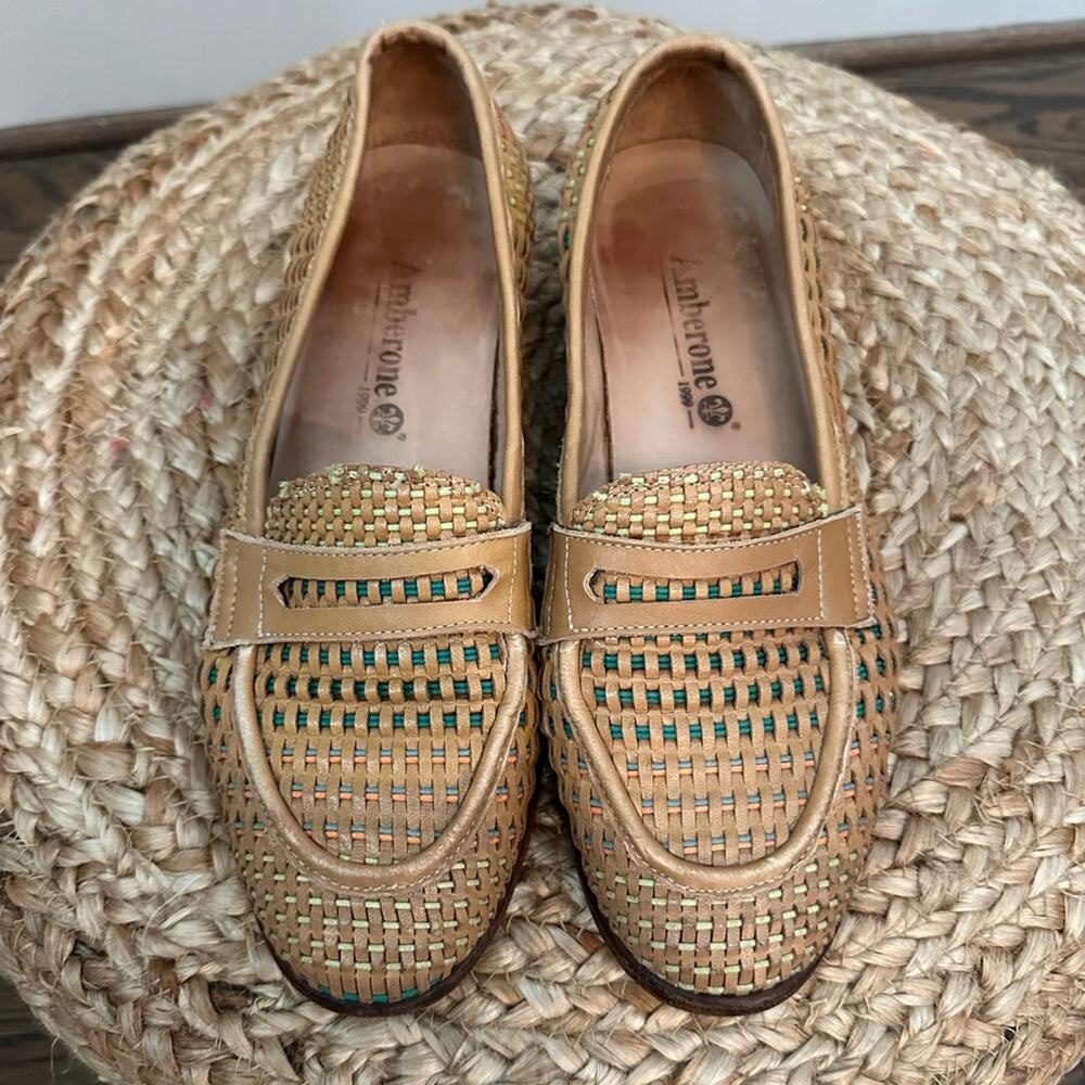Amberone Woman’s Leather Raffia Penny Loafers Size 6 (36.5)